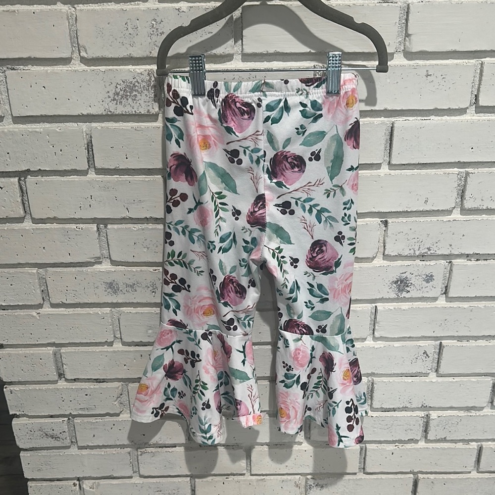 Pink and Green Floral Leggings with Ruffle Detail